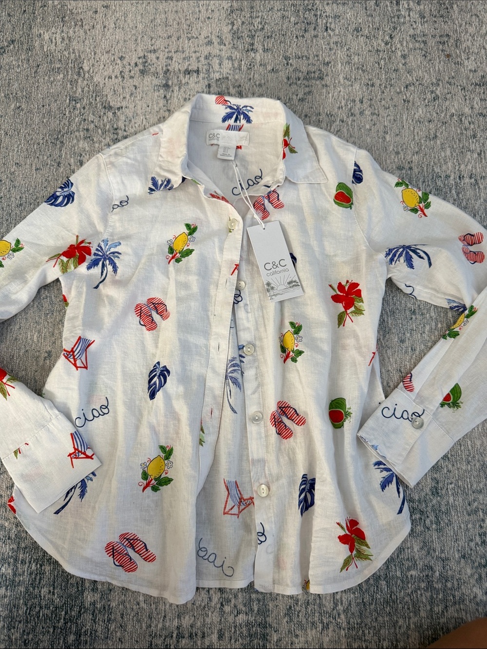 C&C California White Linen Tropical Print Shirt with Red, Blue & Yellow Motifs